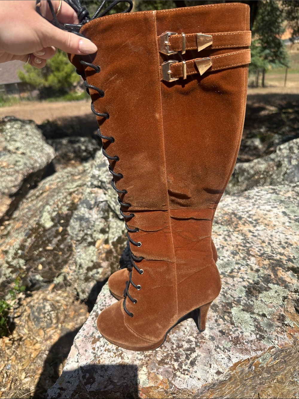 Women's Tall Lace-Up Velvet Boots in Brown